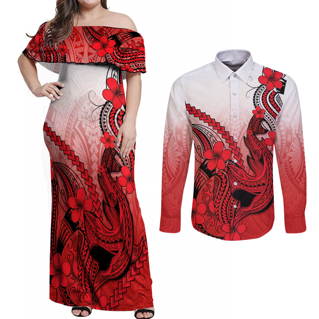 Hawaii Couples Matching Off Shoulder Maxi Dress and Long Sleeve Button Shirts Polynesian Shark Tattoo With Plumeria Red Gradient - Wonder Print Shop