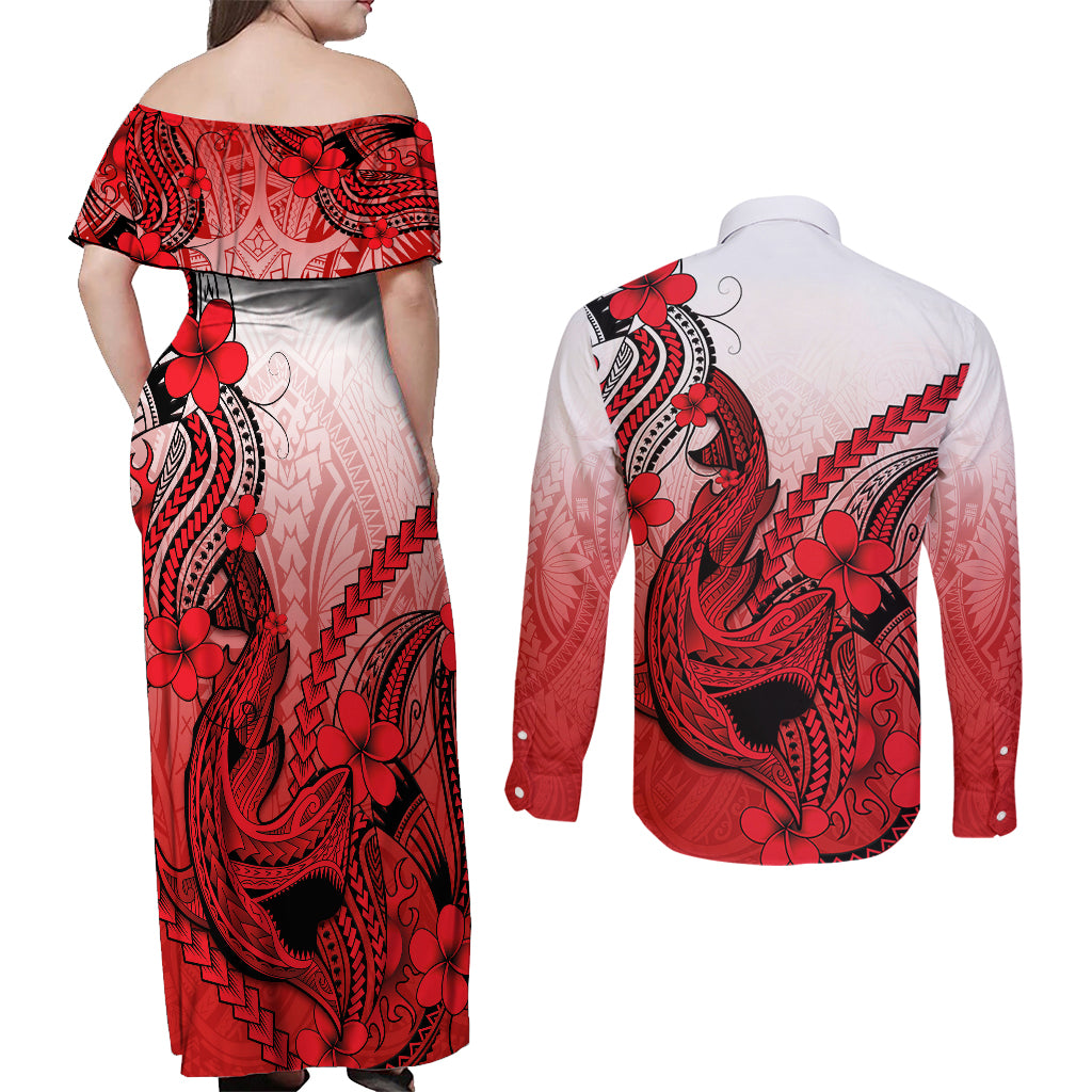 Hawaii Couples Matching Off Shoulder Maxi Dress and Long Sleeve Button Shirts Polynesian Shark Tattoo With Plumeria Red Gradient - Wonder Print Shop