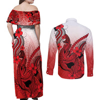 Hawaii Couples Matching Off Shoulder Maxi Dress and Long Sleeve Button Shirts Polynesian Shark Tattoo With Plumeria Red Gradient - Wonder Print Shop
