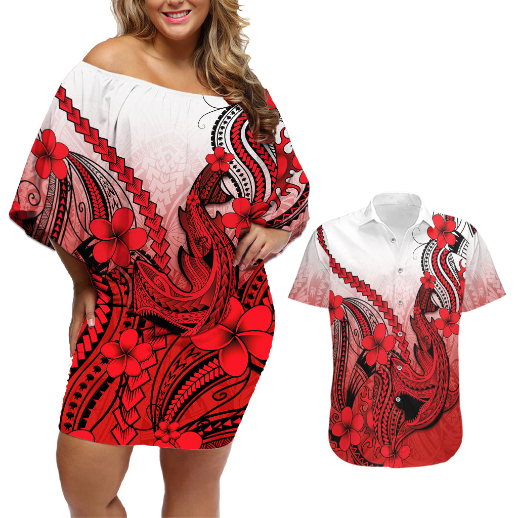 Hawaii Couples Matching Off Shoulder Short Dress and Hawaiian Shirt Polynesian Shark Tattoo With Plumeria Red Gradient - Wonder Print Shop