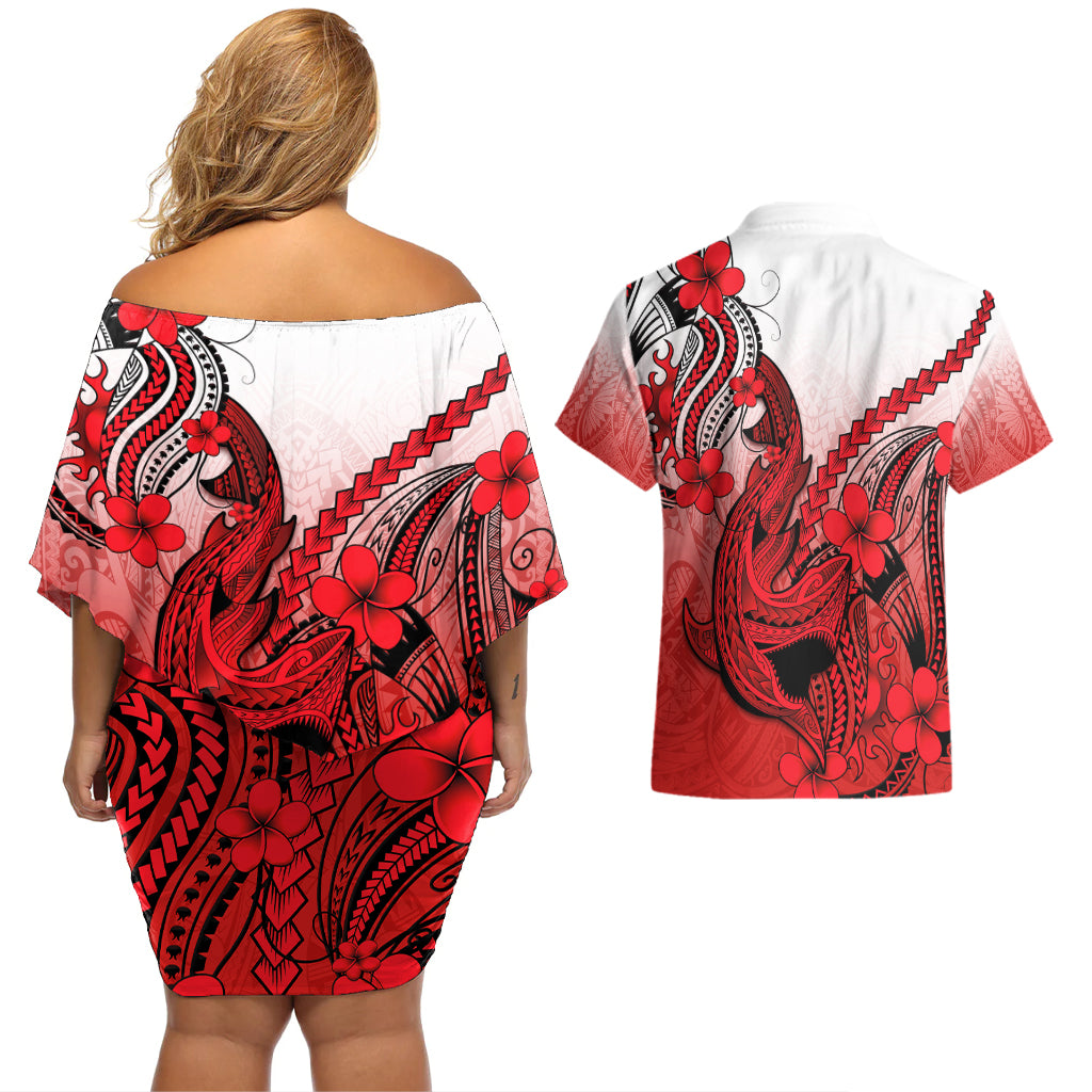 Hawaii Couples Matching Off Shoulder Short Dress and Hawaiian Shirt Polynesian Shark Tattoo With Plumeria Red Gradient - Wonder Print Shop