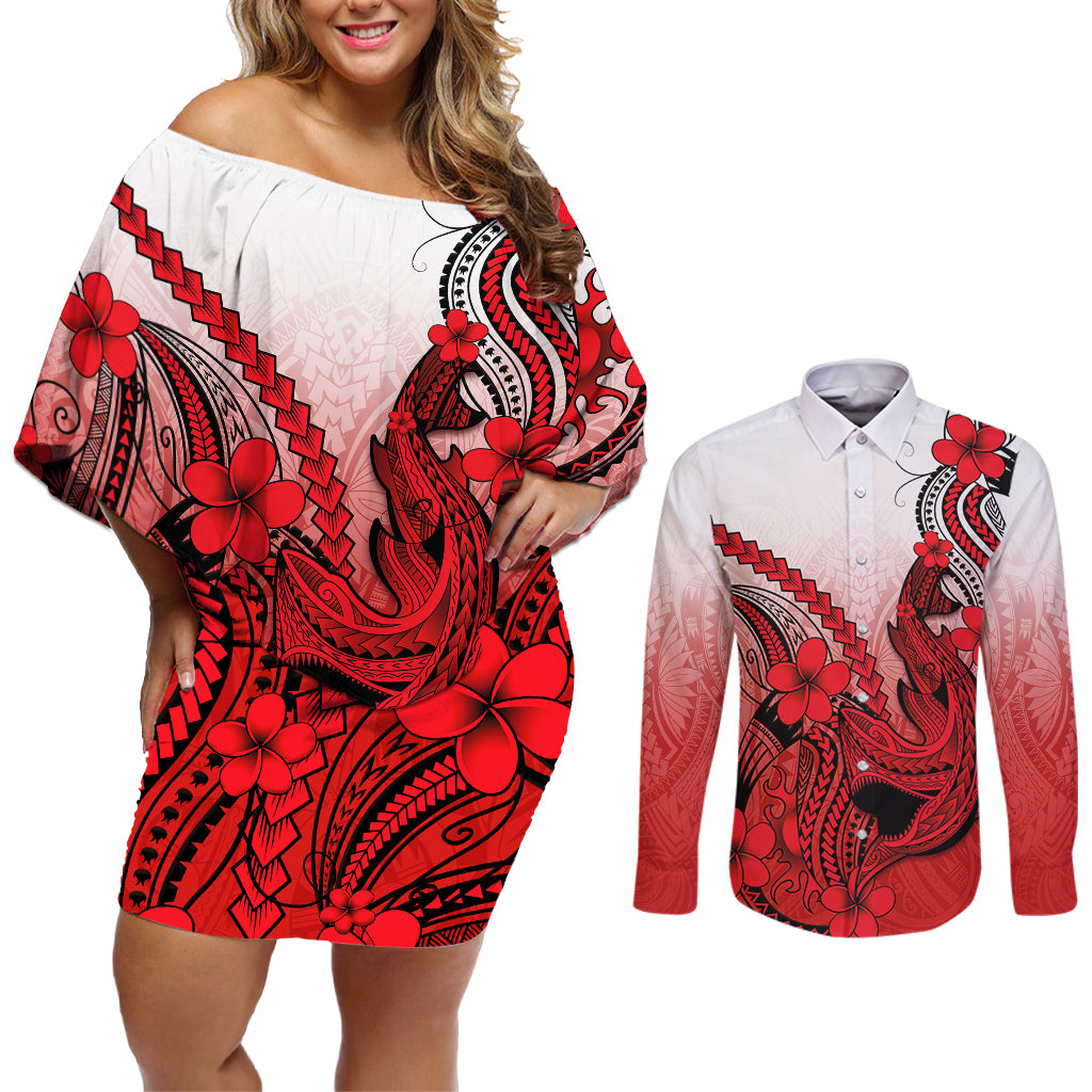 Hawaii Couples Matching Off Shoulder Short Dress and Long Sleeve Button Shirts Polynesian Shark Tattoo With Plumeria Red Gradient - Wonder Print Shop