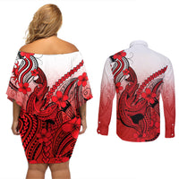 Hawaii Couples Matching Off Shoulder Short Dress and Long Sleeve Button Shirts Polynesian Shark Tattoo With Plumeria Red Gradient - Wonder Print Shop