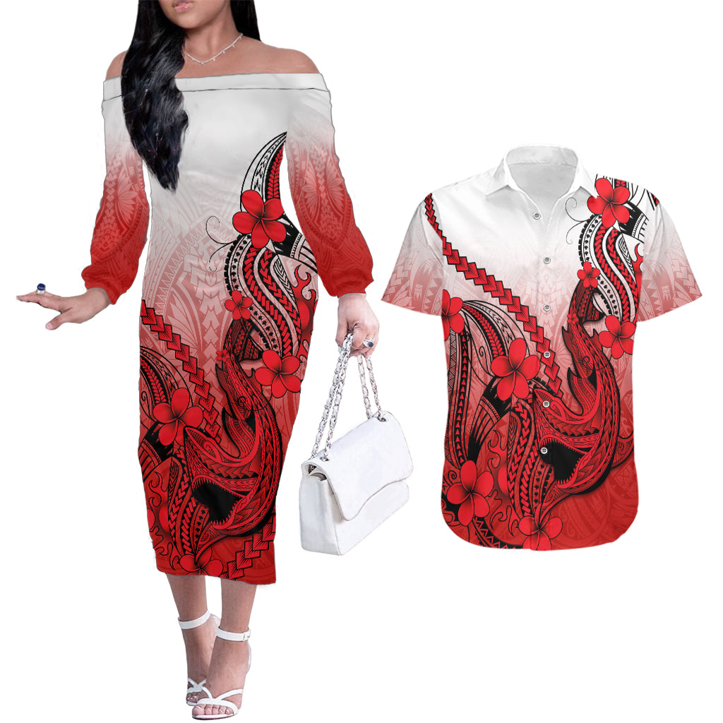 Hawaii Couples Matching Off The Shoulder Long Sleeve Dress and Hawaiian Shirt Polynesian Shark Tattoo With Plumeria Red Gradient - Wonder Print Shop