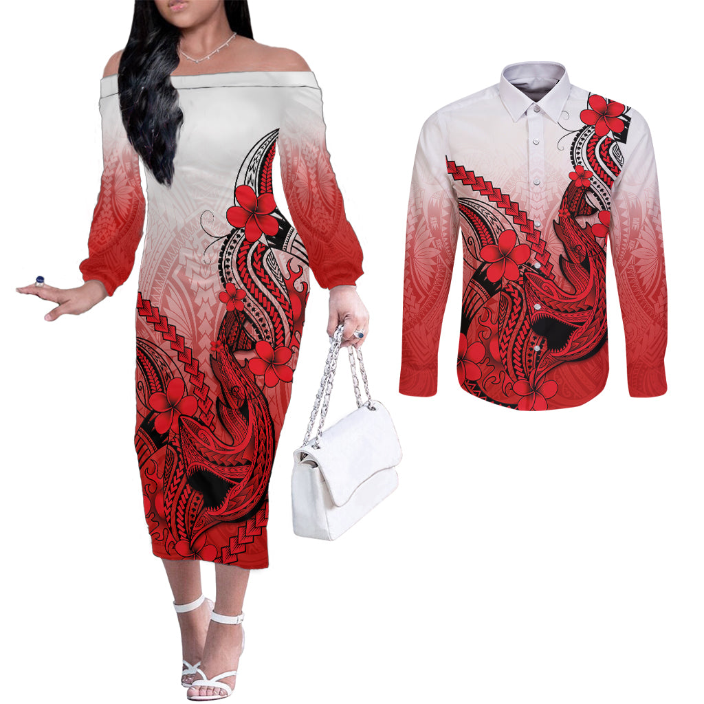 hawaii-couples-matching-off-the-shoulder-long-sleeve-dress-and-long-sleeve-button-shirts-polynesian-shark-tattoo-with-plumeria-red-gradient