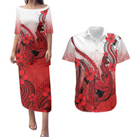 Hawaii Couples Matching Puletasi Dress and Hawaiian Shirt Polynesian Shark Tattoo With Plumeria Red Gradient - Wonder Print Shop