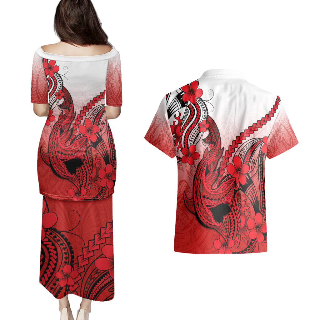 Hawaii Couples Matching Puletasi Dress and Hawaiian Shirt Polynesian Shark Tattoo With Plumeria Red Gradient - Wonder Print Shop