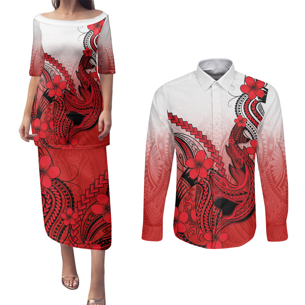 Hawaii Couples Matching Puletasi Dress and Long Sleeve Button Shirts Polynesian Shark Tattoo With Plumeria Red Gradient - Wonder Print Shop