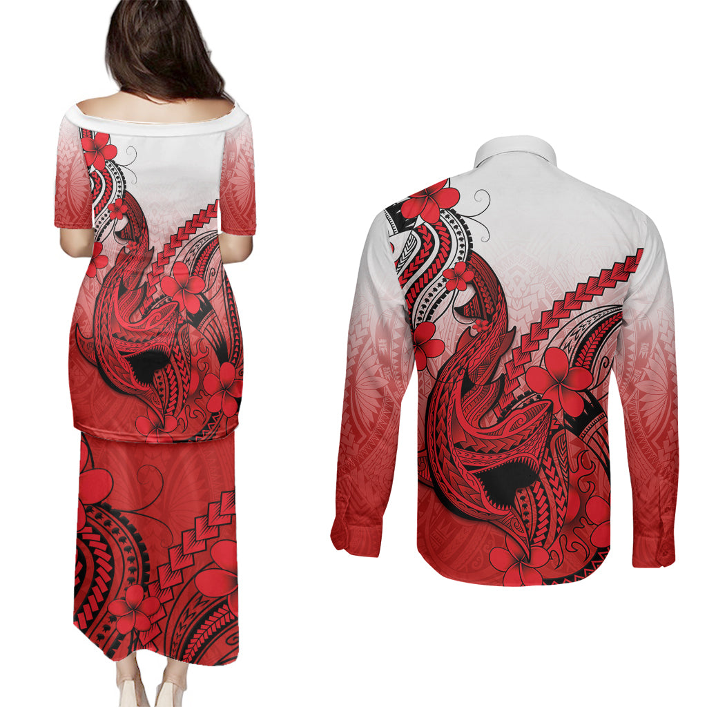 Hawaii Couples Matching Puletasi Dress and Long Sleeve Button Shirts Polynesian Shark Tattoo With Plumeria Red Gradient - Wonder Print Shop