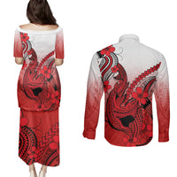 Hawaii Couples Matching Puletasi Dress and Long Sleeve Button Shirts Polynesian Shark Tattoo With Plumeria Red Gradient - Wonder Print Shop