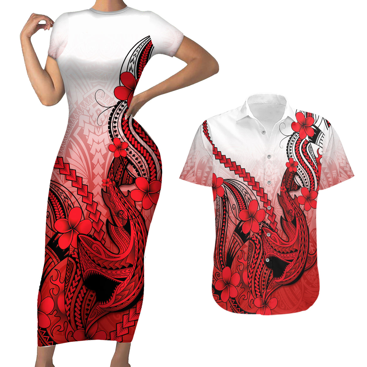 Hawaii Couples Matching Short Sleeve Bodycon Dress and Hawaiian Shirt Polynesian Shark Tattoo With Plumeria Red Gradient - Wonder Print Shop