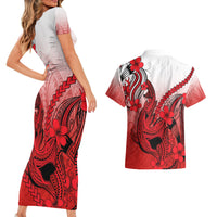 Hawaii Couples Matching Short Sleeve Bodycon Dress and Hawaiian Shirt Polynesian Shark Tattoo With Plumeria Red Gradient - Wonder Print Shop