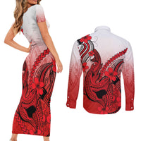 Hawaii Couples Matching Short Sleeve Bodycon Dress and Long Sleeve Button Shirts Polynesian Shark Tattoo With Plumeria Red Gradient - Wonder Print Shop