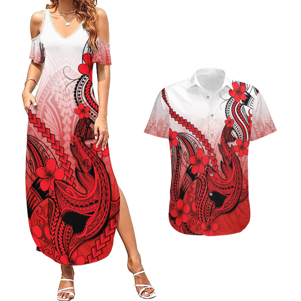 Hawaii Couples Matching Summer Maxi Dress and Hawaiian Shirt Polynesian Shark Tattoo With Plumeria Red Gradient - Wonder Print Shop