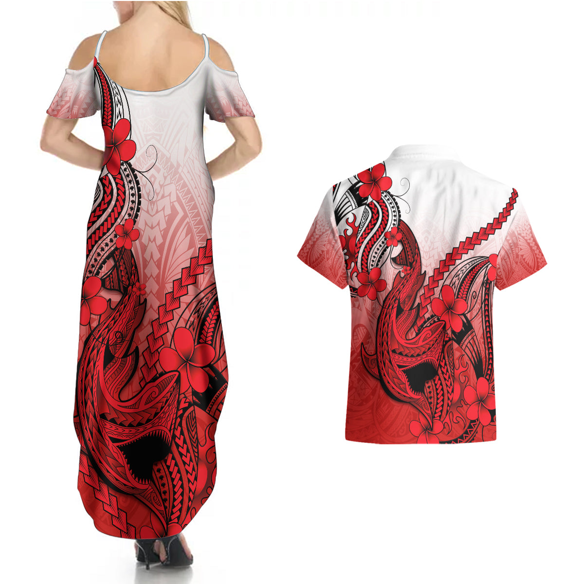 Hawaii Couples Matching Summer Maxi Dress and Hawaiian Shirt Polynesian Shark Tattoo With Plumeria Red Gradient - Wonder Print Shop