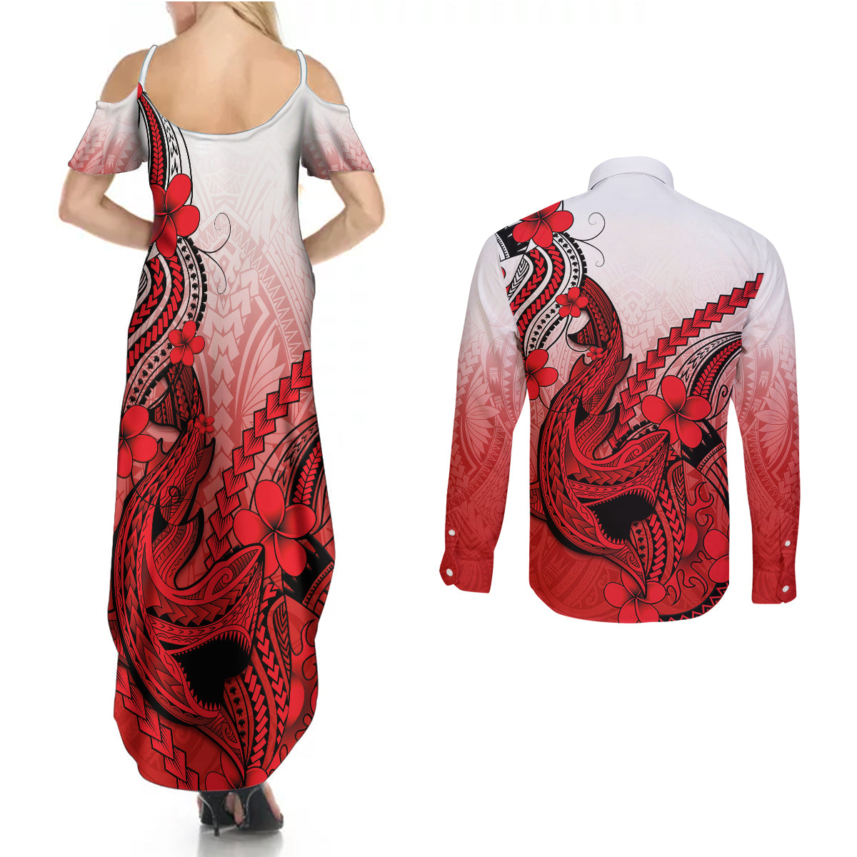 Hawaii Couples Matching Summer Maxi Dress and Long Sleeve Button Shirts Polynesian Shark Tattoo With Plumeria Red Gradient - Wonder Print Shop