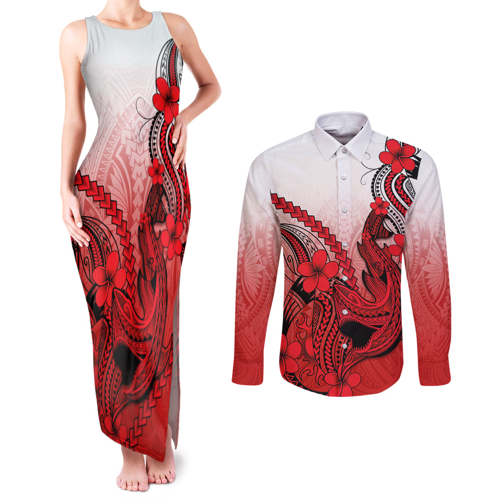 Hawaii Couples Matching Tank Maxi Dress and Long Sleeve Button Shirts Polynesian Shark Tattoo With Plumeria Red Gradient - Wonder Print Shop
