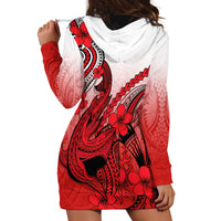 Hawaii Hoodie Dress Polynesian Shark Tattoo With Plumeria Red Gradient - Wonder Print Shop