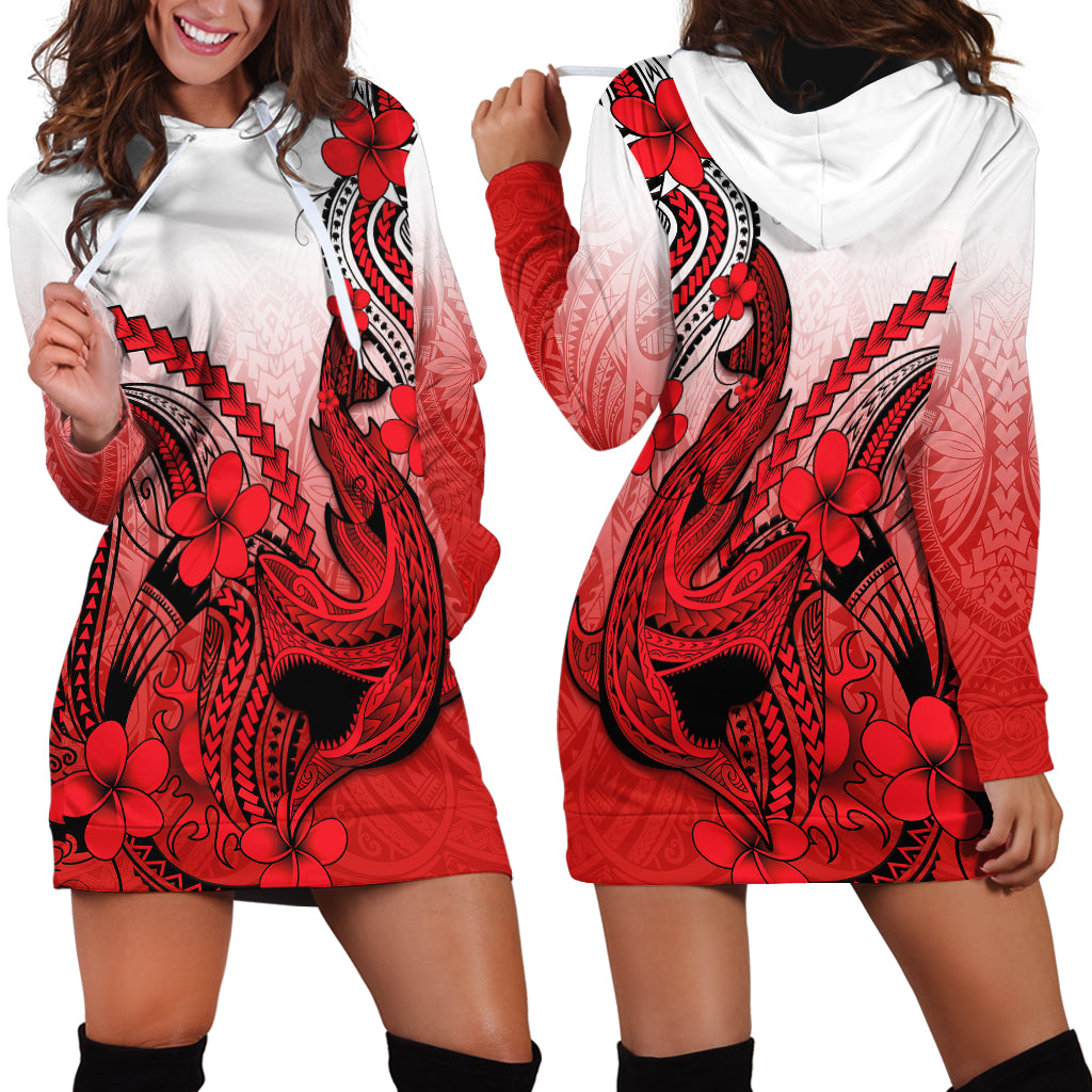 Hawaii Hoodie Dress Polynesian Shark Tattoo With Plumeria Red Gradient - Wonder Print Shop