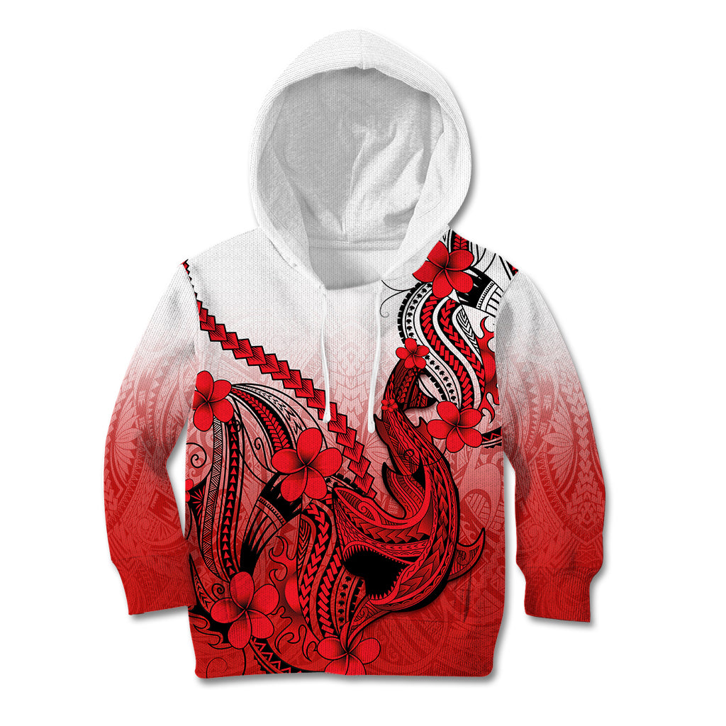 Hawaii Kid Hoodie Polynesian Shark Tattoo With Plumeria Red Gradient - Wonder Print Shop