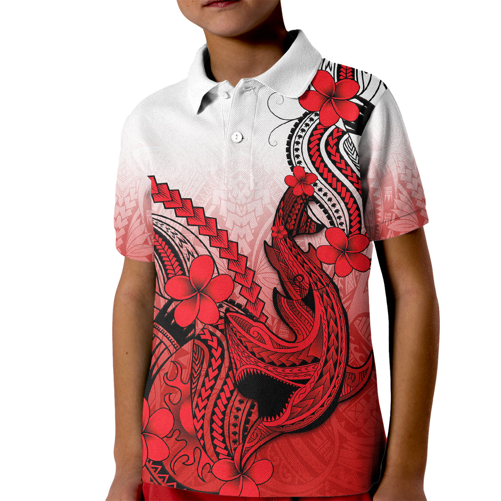 Hawaii Kid Polo Shirt Polynesian Shark Tattoo With Plumeria Red Gradient - Wonder Print Shop