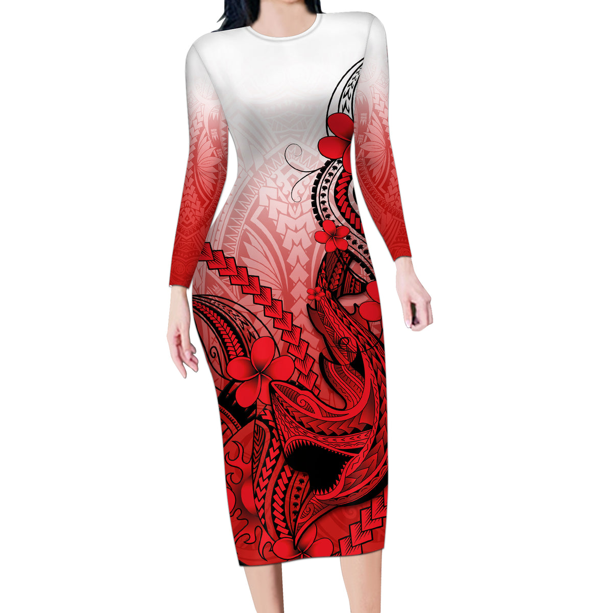 Hawaii Long Sleeve Bodycon Dress Polynesian Shark Tattoo With Plumeria Red Gradient - Wonder Print Shop