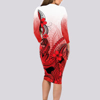 Hawaii Long Sleeve Bodycon Dress Polynesian Shark Tattoo With Plumeria Red Gradient - Wonder Print Shop