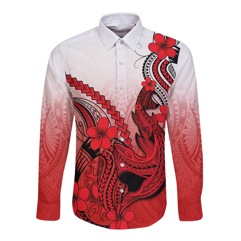 Hawaii Long Sleeve Button Shirt Polynesian Shark Tattoo With Plumeria Red Gradient - Wonder Print Shop