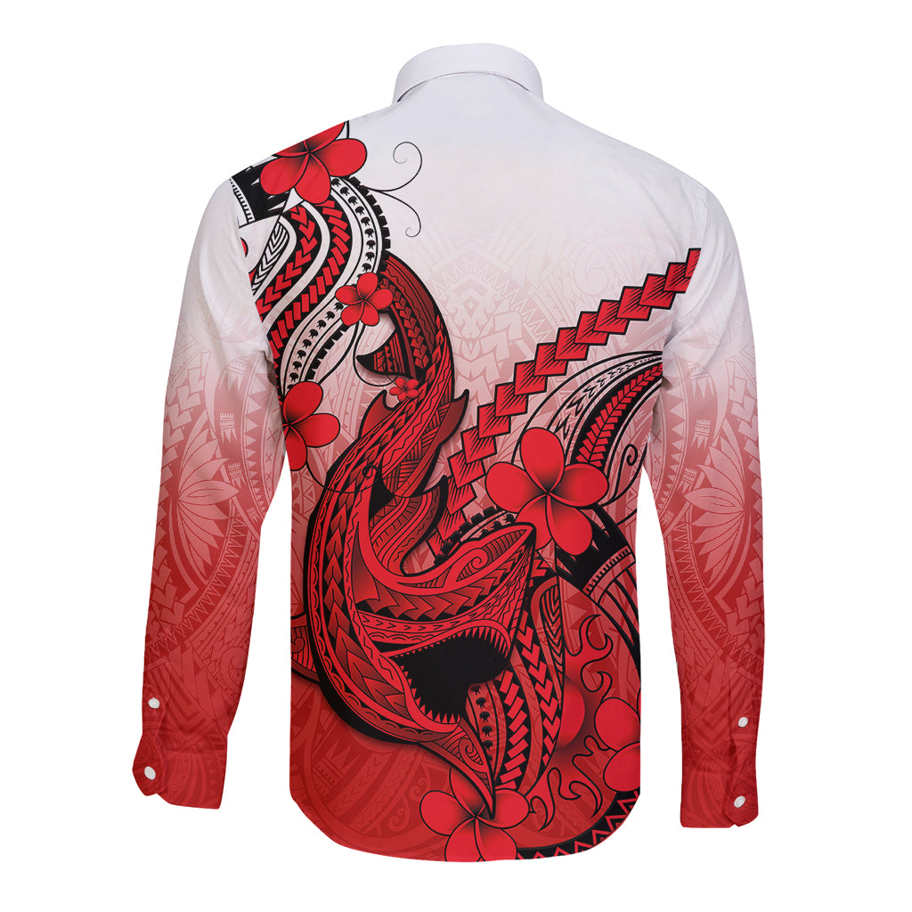 Hawaii Long Sleeve Button Shirt Polynesian Shark Tattoo With Plumeria Red Gradient - Wonder Print Shop