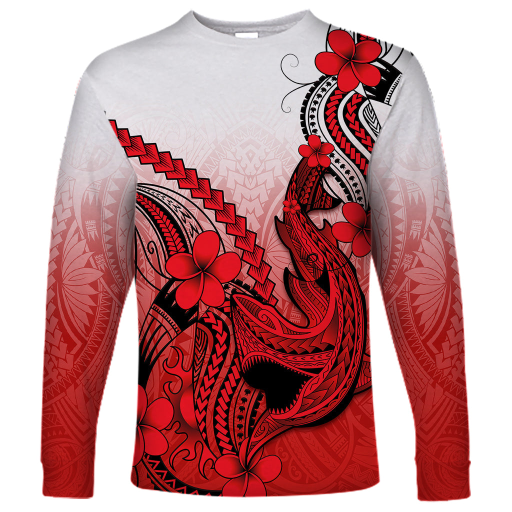 Hawaii Long Sleeve Shirt Polynesian Shark Tattoo With Plumeria Red Gradient - Wonder Print Shop