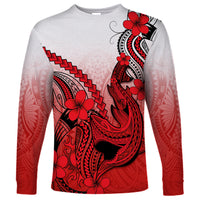 Hawaii Long Sleeve Shirt Polynesian Shark Tattoo With Plumeria Red Gradient - Wonder Print Shop