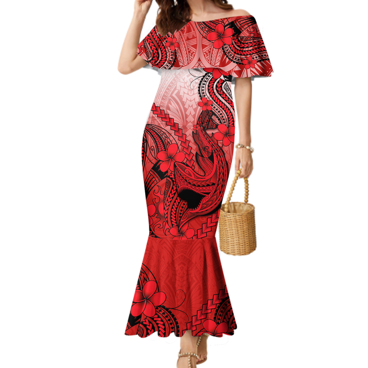 Hawaii Mermaid Dress Polynesian Shark Tattoo With Plumeria Red Gradient - Wonder Print Shop