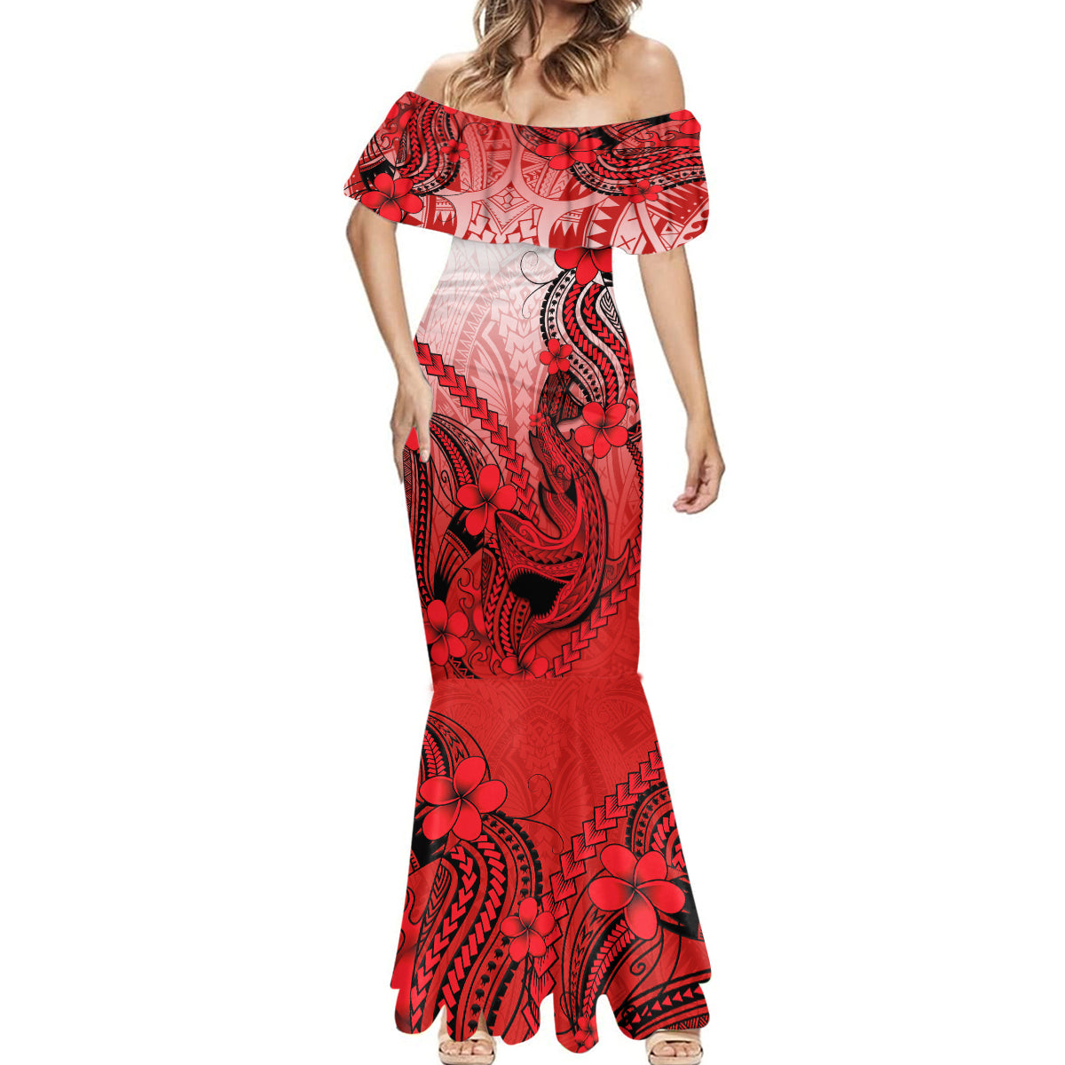 Hawaii Mermaid Dress Polynesian Shark Tattoo With Plumeria Red Gradient - Wonder Print Shop