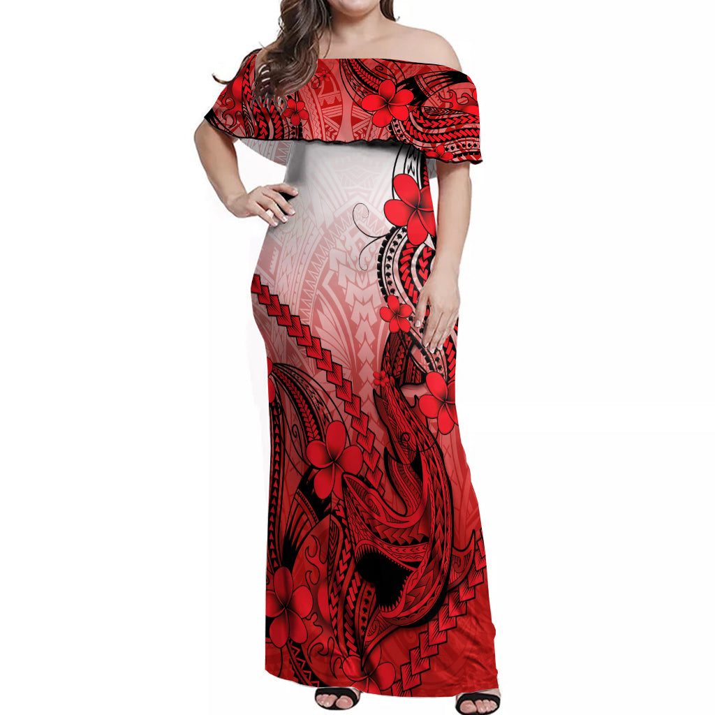Hawaii Off Shoulder Maxi Dress Polynesian Shark Tattoo With Plumeria Red Gradient - Wonder Print Shop