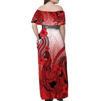 Hawaii Off Shoulder Maxi Dress Polynesian Shark Tattoo With Plumeria Red Gradient - Wonder Print Shop