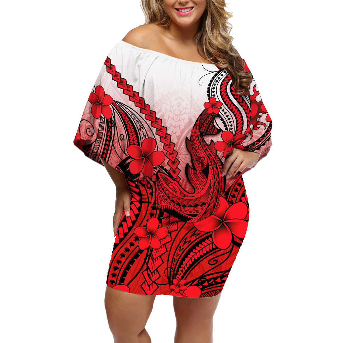 Hawaii Off Shoulder Short Dress Polynesian Shark Tattoo With Plumeria Red Gradient - Wonder Print Shop