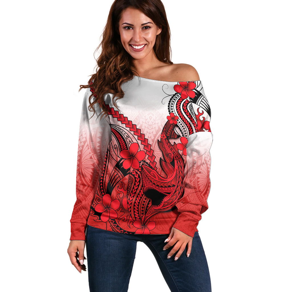 Hawaii Off Shoulder Sweater Polynesian Shark Tattoo With Plumeria Red Gradient - Wonder Print Shop