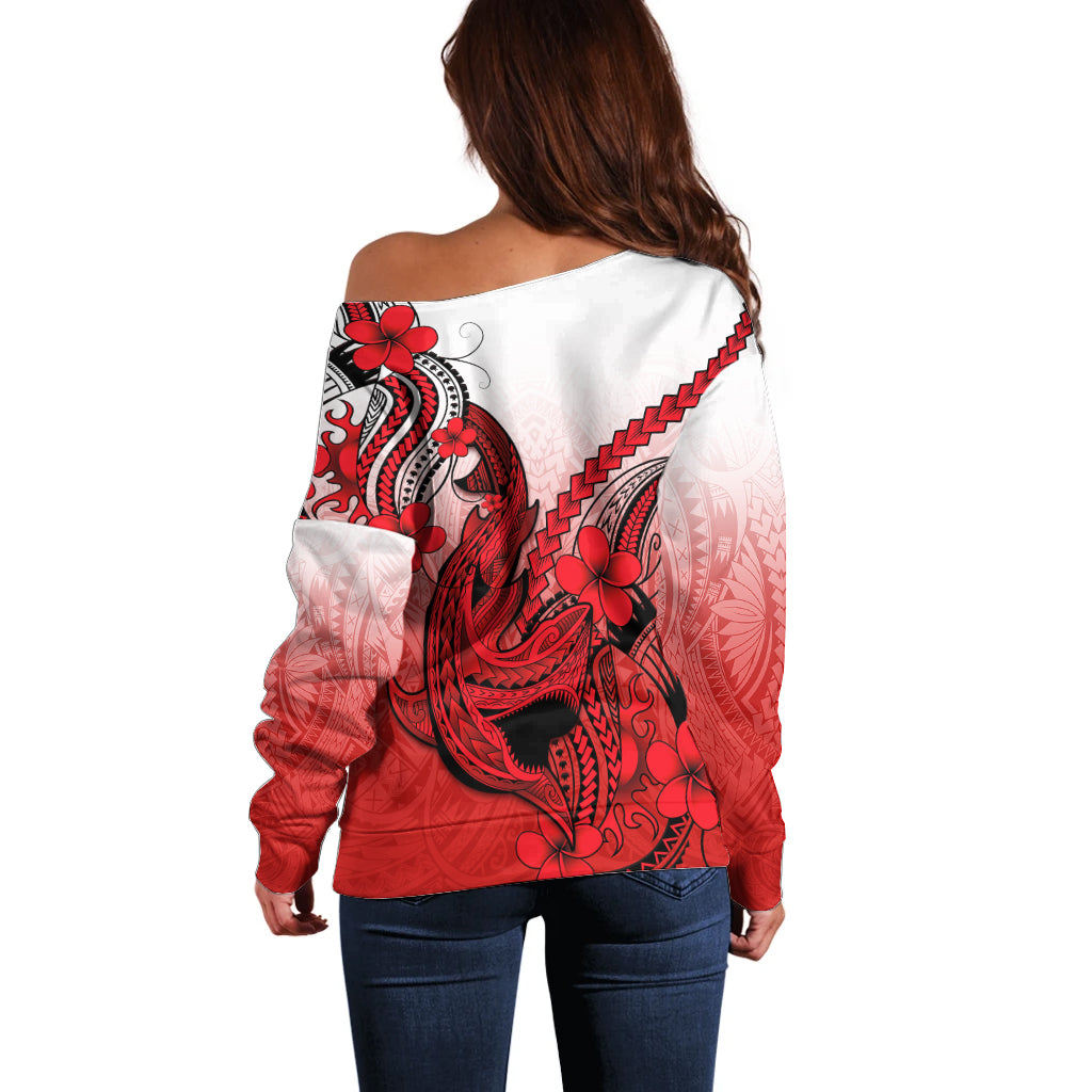 Hawaii Off Shoulder Sweater Polynesian Shark Tattoo With Plumeria Red Gradient - Wonder Print Shop