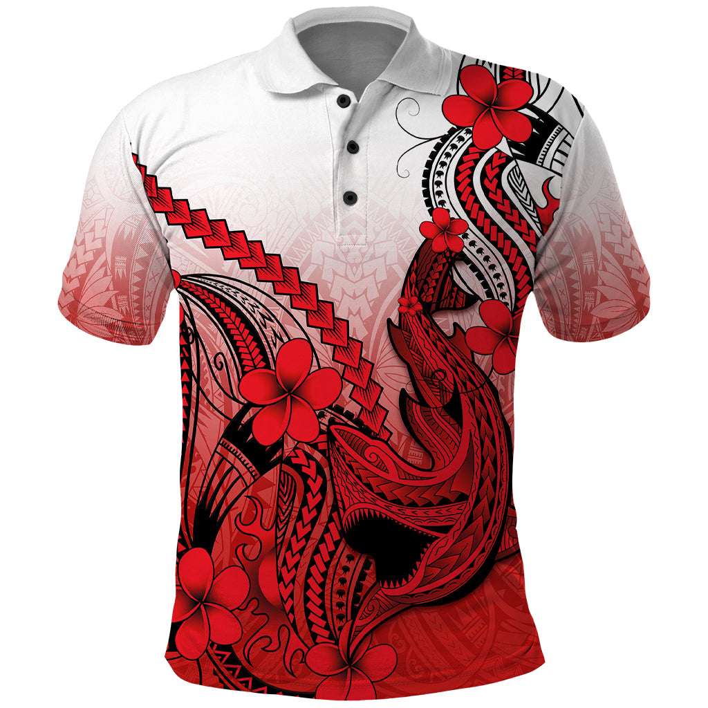 Hawaii Polo Shirt Polynesian Shark Tattoo With Plumeria Red Gradient - Wonder Print Shop