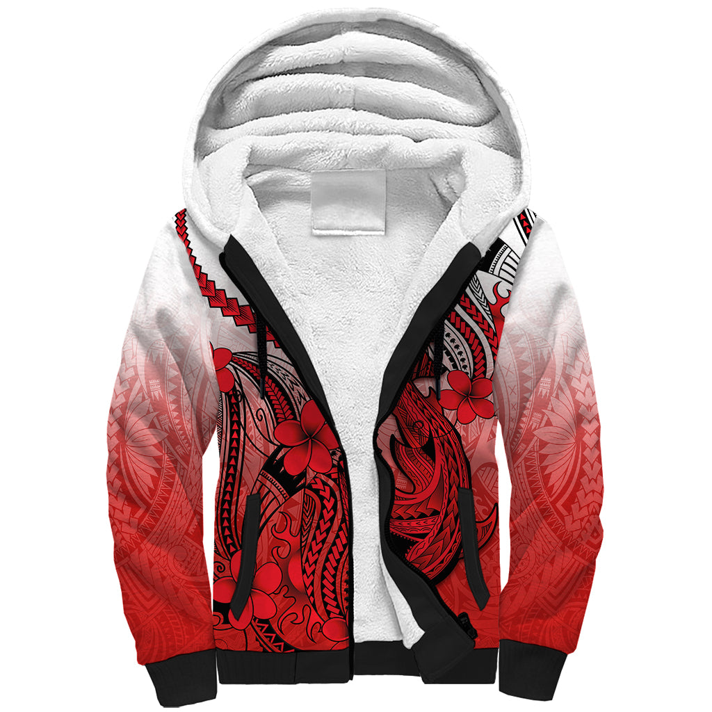 Hawaii Sherpa Hoodie Polynesian Shark Tattoo With Plumeria Red Gradient - Wonder Print Shop