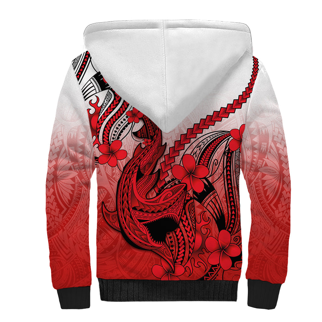 Hawaii Sherpa Hoodie Polynesian Shark Tattoo With Plumeria Red Gradient - Wonder Print Shop