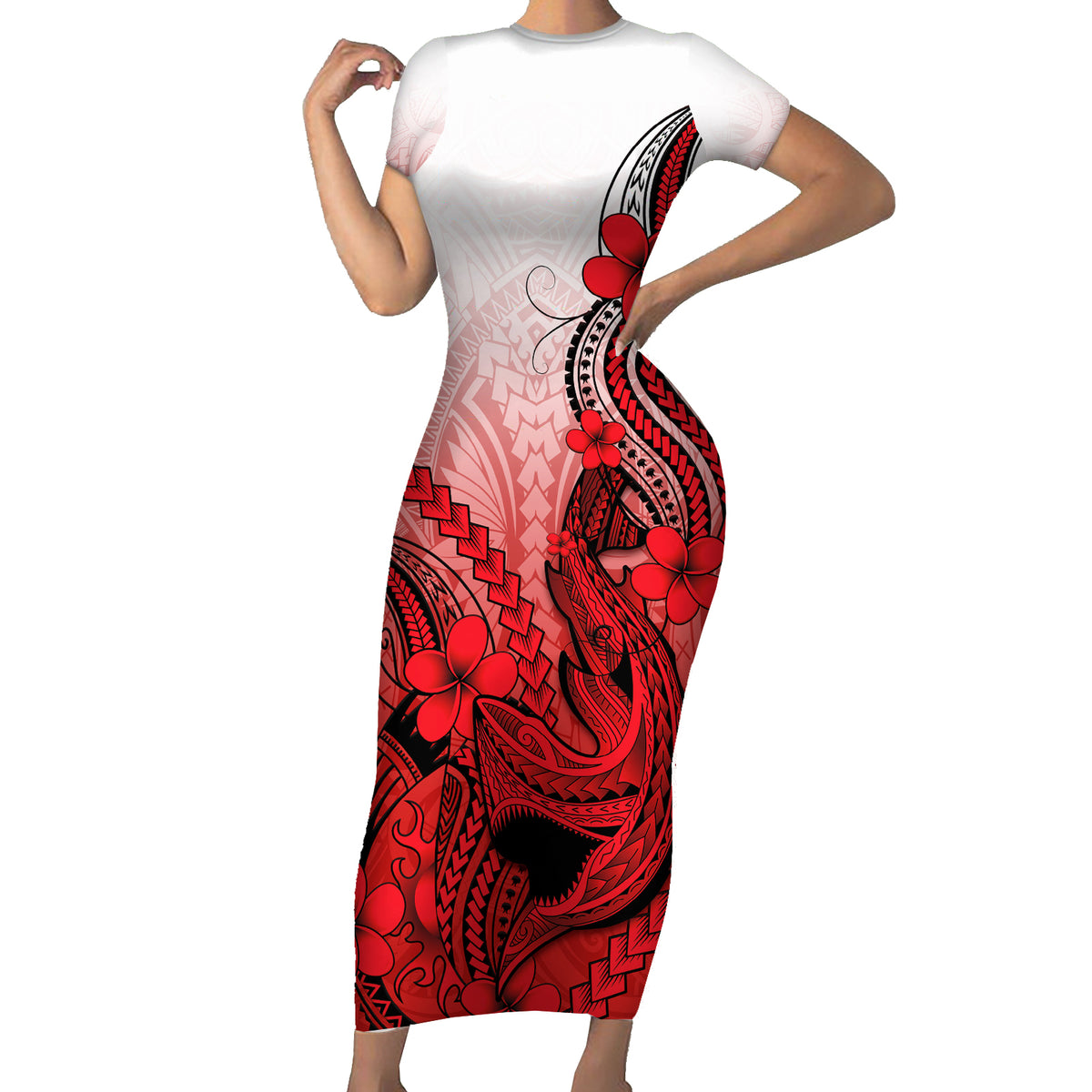Hawaii Short Sleeve Bodycon Dress Polynesian Shark Tattoo With Plumeria Red Gradient - Wonder Print Shop