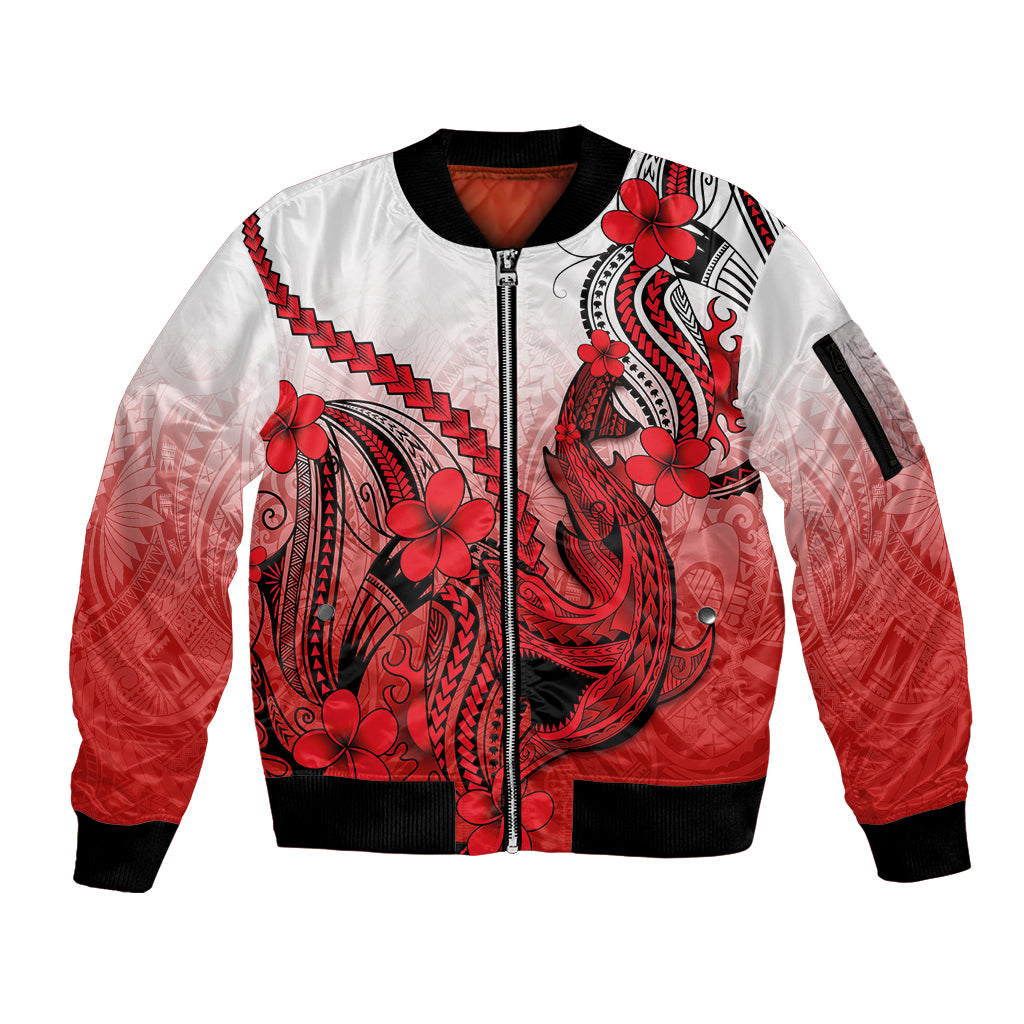 Hawaii Sleeve Zip Bomber Jacket Polynesian Shark Tattoo With Plumeria Red Gradient - Wonder Print Shop