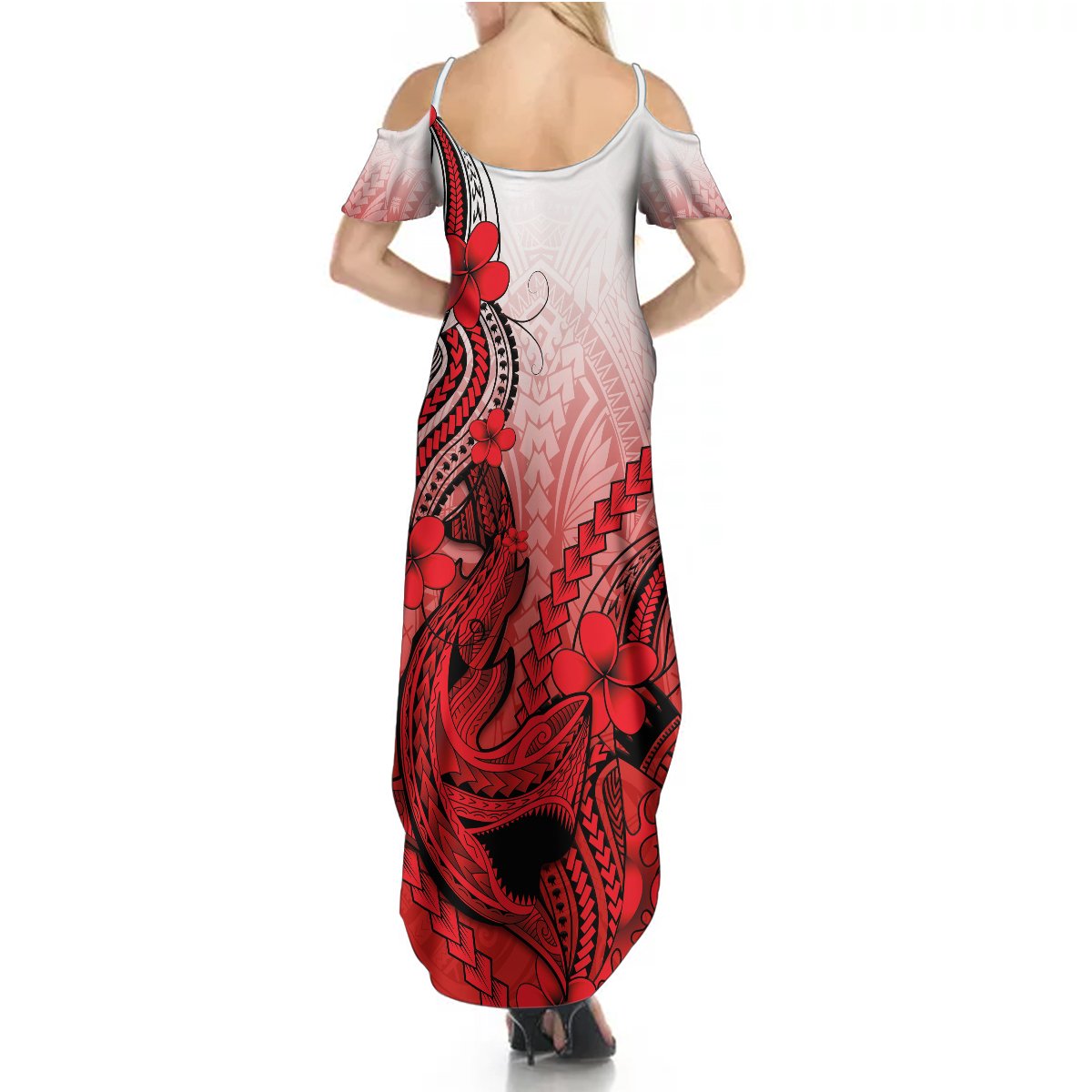 Hawaii Summer Maxi Dress Polynesian Shark Tattoo With Plumeria Red Gradient - Wonder Print Shop