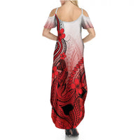 Hawaii Summer Maxi Dress Polynesian Shark Tattoo With Plumeria Red Gradient - Wonder Print Shop
