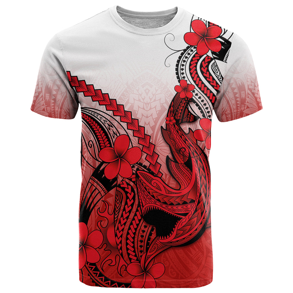 Hawaii T Shirt Polynesian Shark Tattoo With Plumeria Red Gradient - Wonder Print Shop