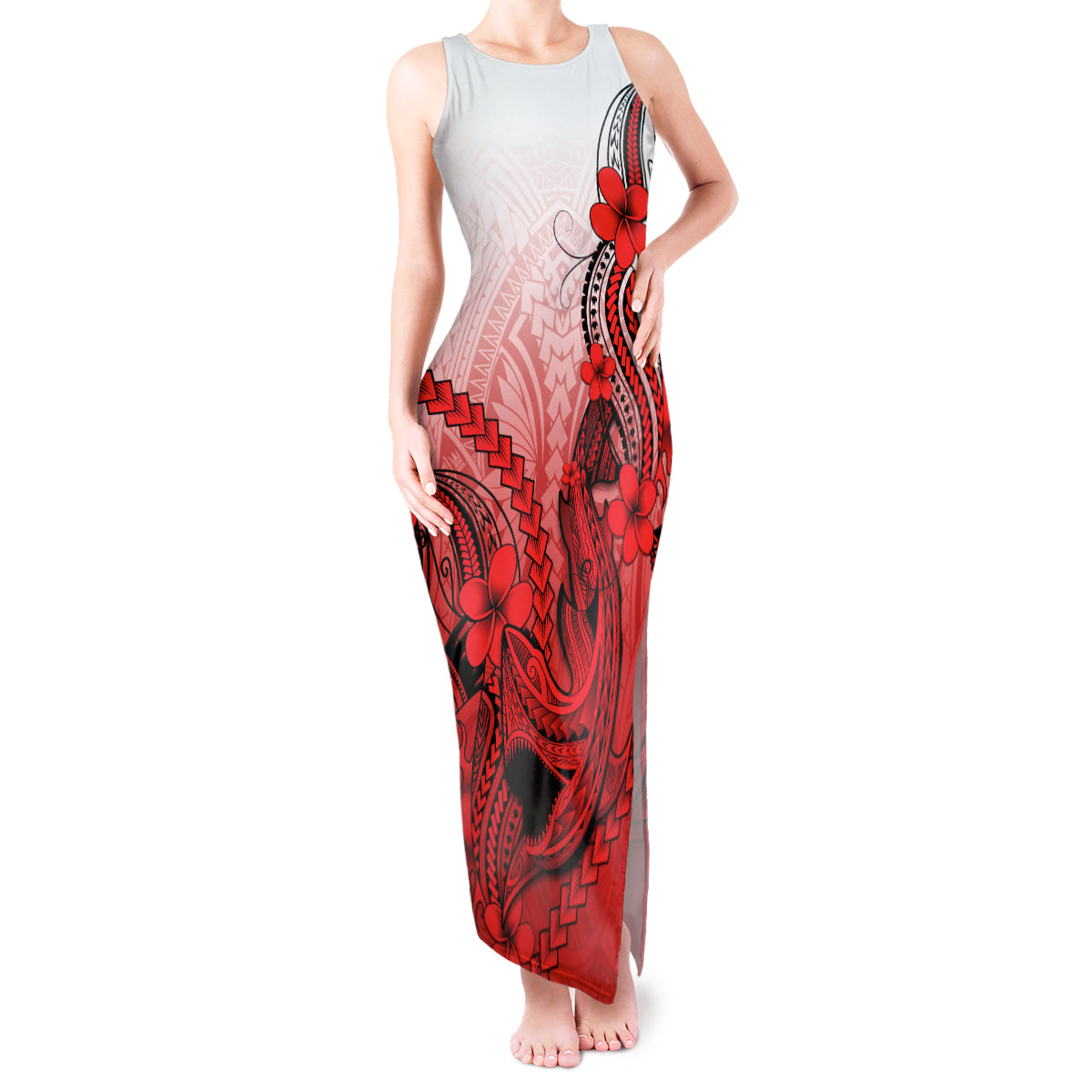Hawaii Tank Maxi Dress Polynesian Shark Tattoo With Plumeria Red Gradient - Wonder Print Shop