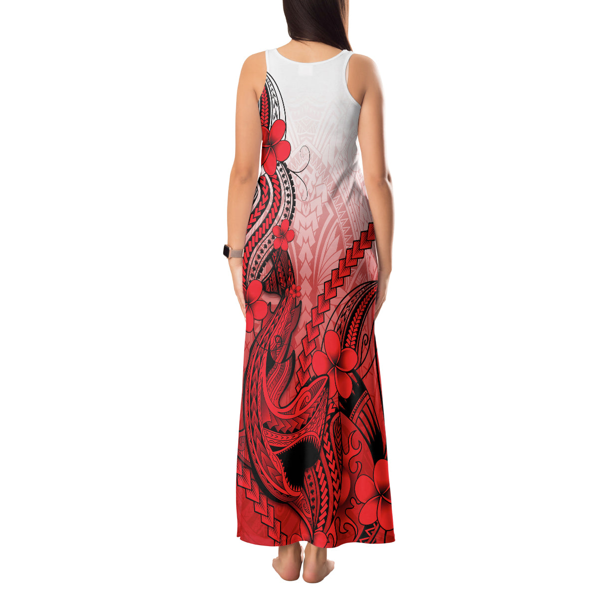 Hawaii Tank Maxi Dress Polynesian Shark Tattoo With Plumeria Red Gradient - Wonder Print Shop