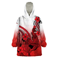 Hawaii Wearable Blanket Hoodie Polynesian Shark Tattoo With Plumeria Red Gradient - Wonder Print Shop