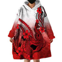 Hawaii Wearable Blanket Hoodie Polynesian Shark Tattoo With Plumeria Red Gradient - Wonder Print Shop